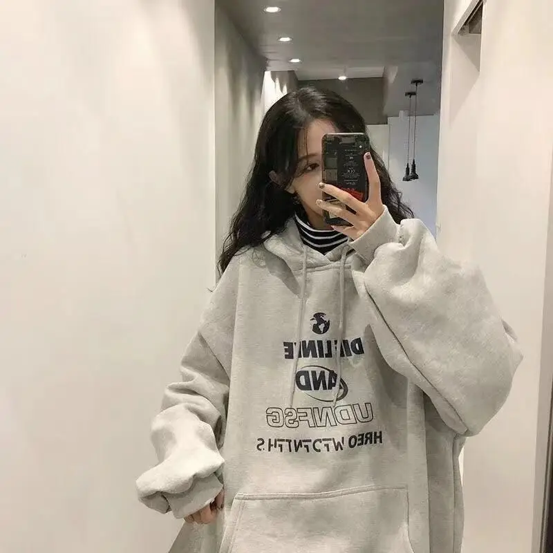 

Autumn and winter new fashion all-match casual lazy wind plus velvet thickened solid color long-sleeved letter printing sweater