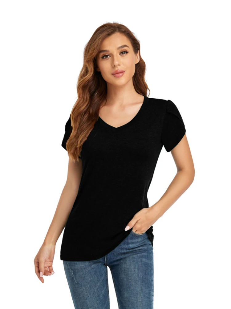 Women's Short Sleeve Casual V Neck T-Shirt Solid Pullover Tops for Summer