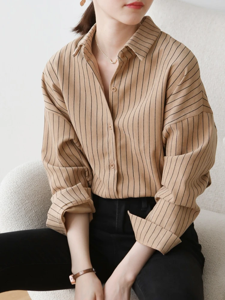 New Elegant Women Striped Shirts Fashion Loose Button Long Sleeve Blouse OL Ladies Spring Autumn 2022