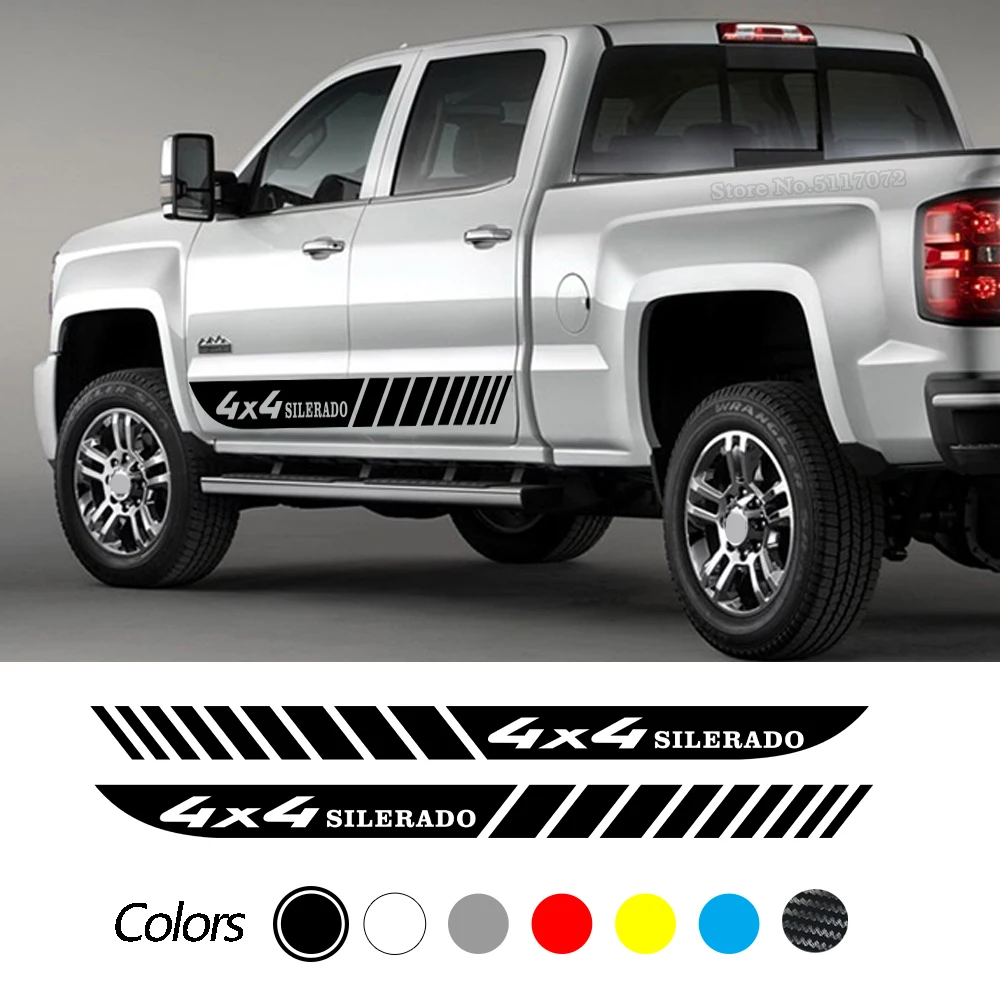 

2Pcs Car 4x4 Side Door Sticker For Chevrolet Silverado Skirts Graphics Vinyl Stripes Racing Sport Long Big Decals Accessories