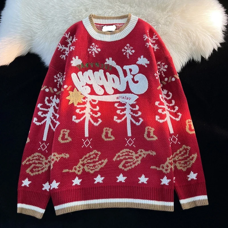 

Осенне-зимние красные рождественские свитера, женское Модное в японском стиле ретро с напуском, женское свободное трикотажное пальто оверс...