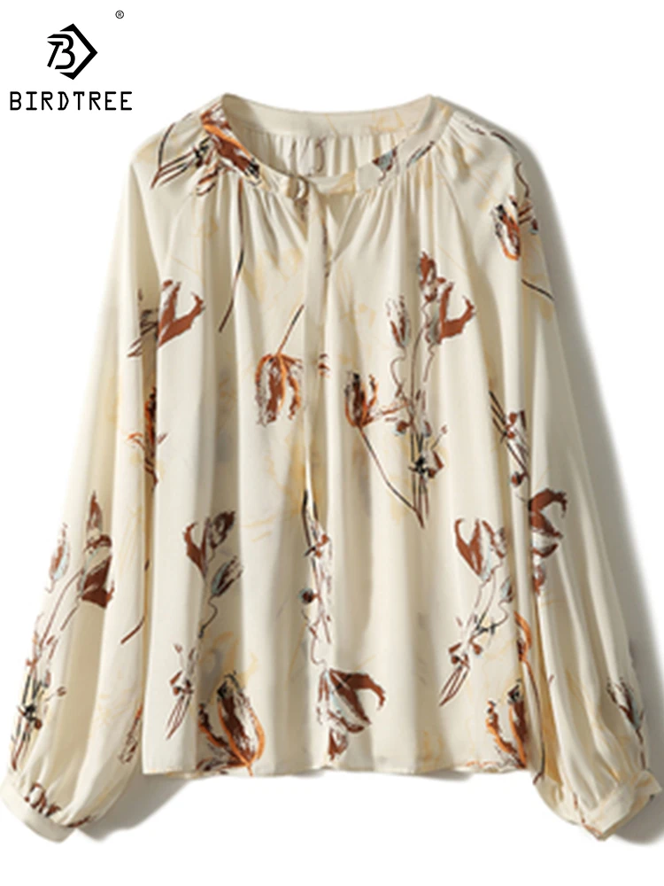 

Birdtree 89.2% шелковая стрейчевая рубашка с двойными рукавами и круглым воротником, универсальная женская блузка T30459QD