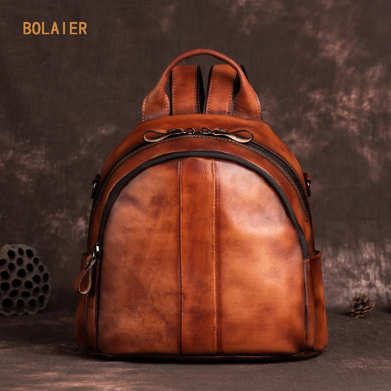 

BOLAIER 2022 Solid Color Men's and Women's Bags Popular Retro Backpack Students Large-capacity School Bag Leather Good Quality