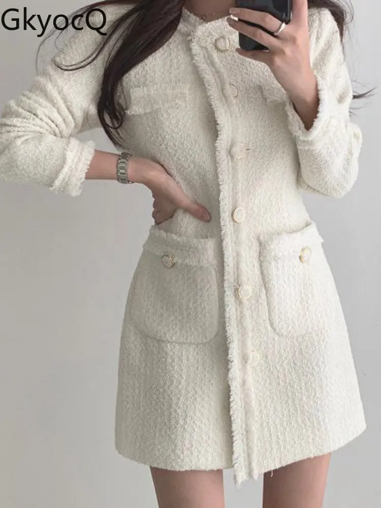 

Женское твидовое платье с круглым вырезом, Элегантное однобортное платье-трапеция во французском стиле с бахромой и поясом, с карманами и д...