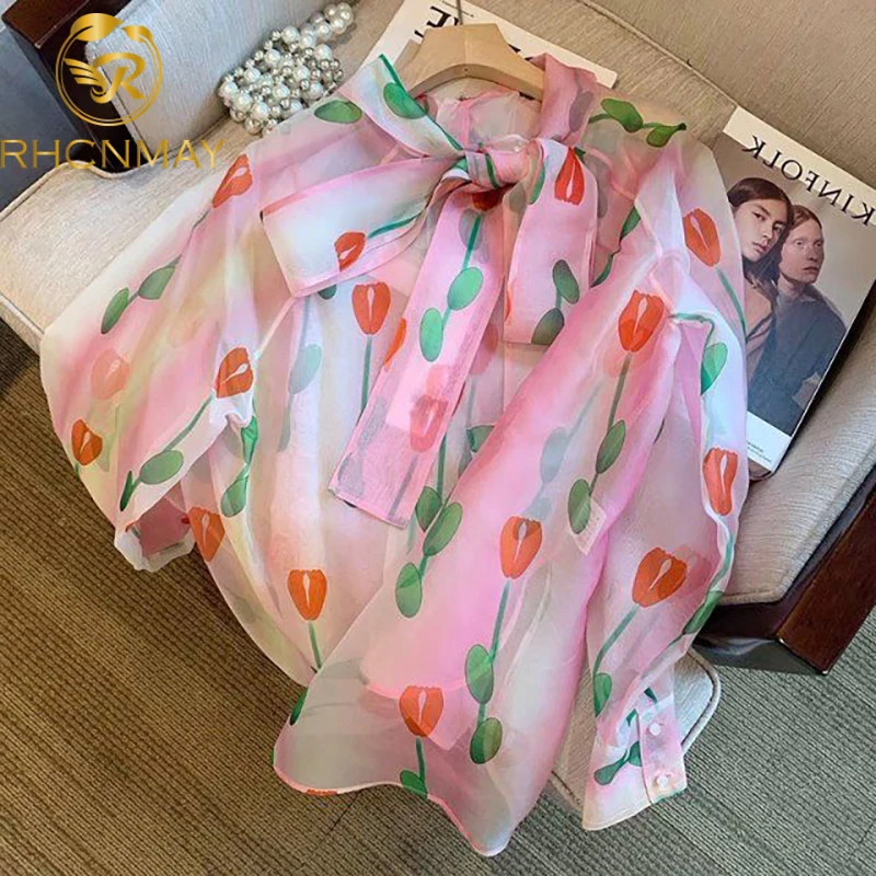 

New Summer Korea Women Bow tie Vintage Floral Print Ladies Tops Chiffon Long sleeve Casual Blouse Female Work Wear Office Shirts