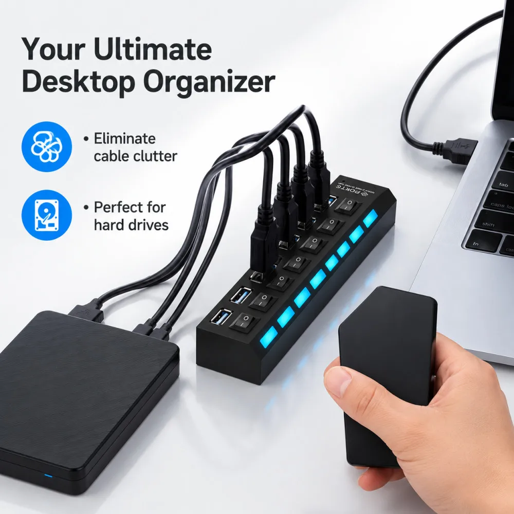 Фото Новый 7-портовый высокоскоростной USB-хаб 480 Мбит/с USB 2.0 с переключателем включения/выключения, USB-разветвитель для ПК, ноутбуков, зарядки iPhone 6/7 №2