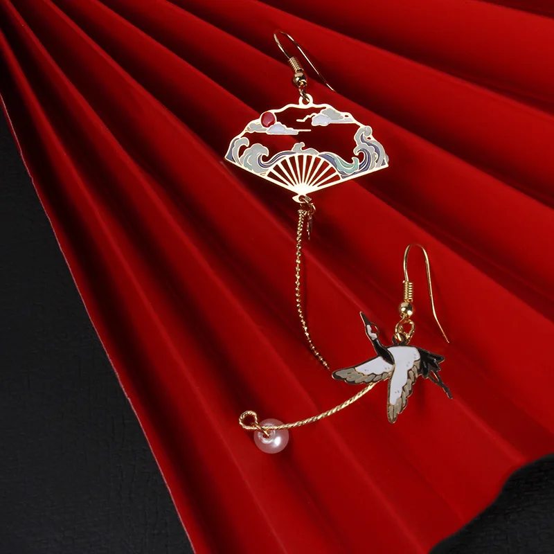 

Chinese Style Folding Fan Crane Carp Lotus Asymmetrical Long Tassel Dangle National Style Earrings for Women Jewelry Gift