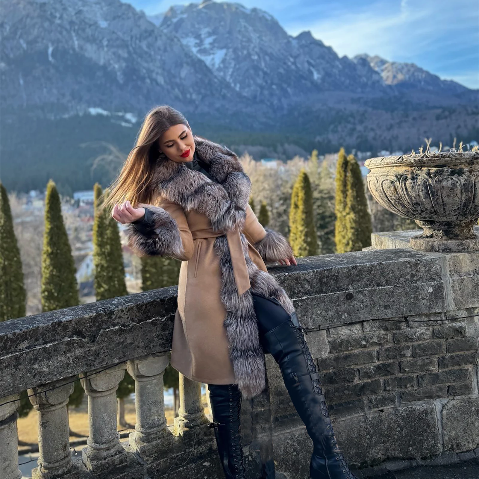 Зимняя мода Меховое пальто из натурального лисьего меха Кашемировые Женское