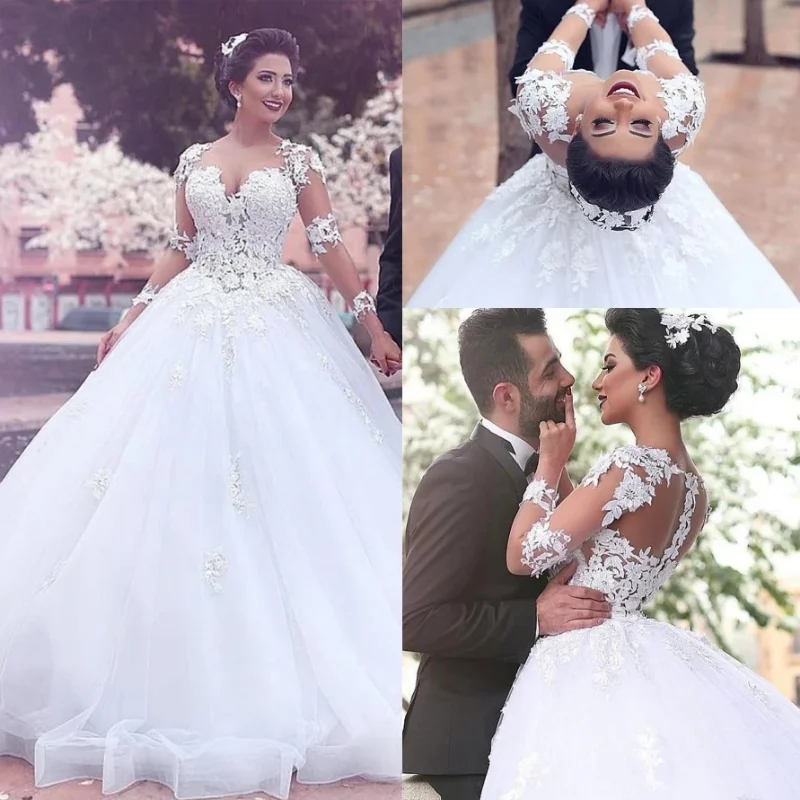 

Ball Gown Wedding Dresses Tulle Scoop Neckline Long Sleeves with Lace Appliques Vestido De Noiva Princess Bride Dress