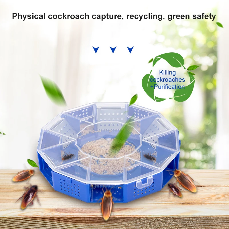 

Effective Modern Six-door PP Plastic Stainless Steel Cockroach Trap Box Harmless Roach Trap Box Transparent Cover For Kitchen