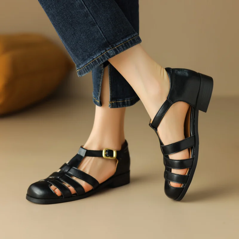 French 2023 Summer New Retro Round Head Flat Leather Braided Baotou Soft Bottom Fashion Roman Sandals Female Tide 32-48 HG160-9