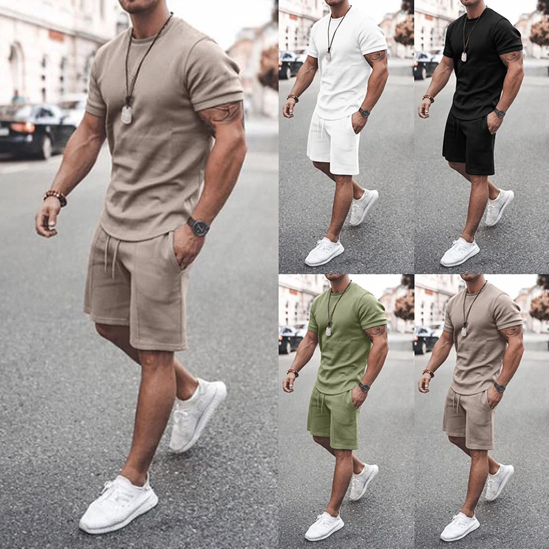 

Men's Suits T Shirt+Short Pants Two Pieces Sets Solid Color Simple Casual Tracksuit Streetwear Male Summer Plus Size Sportswear