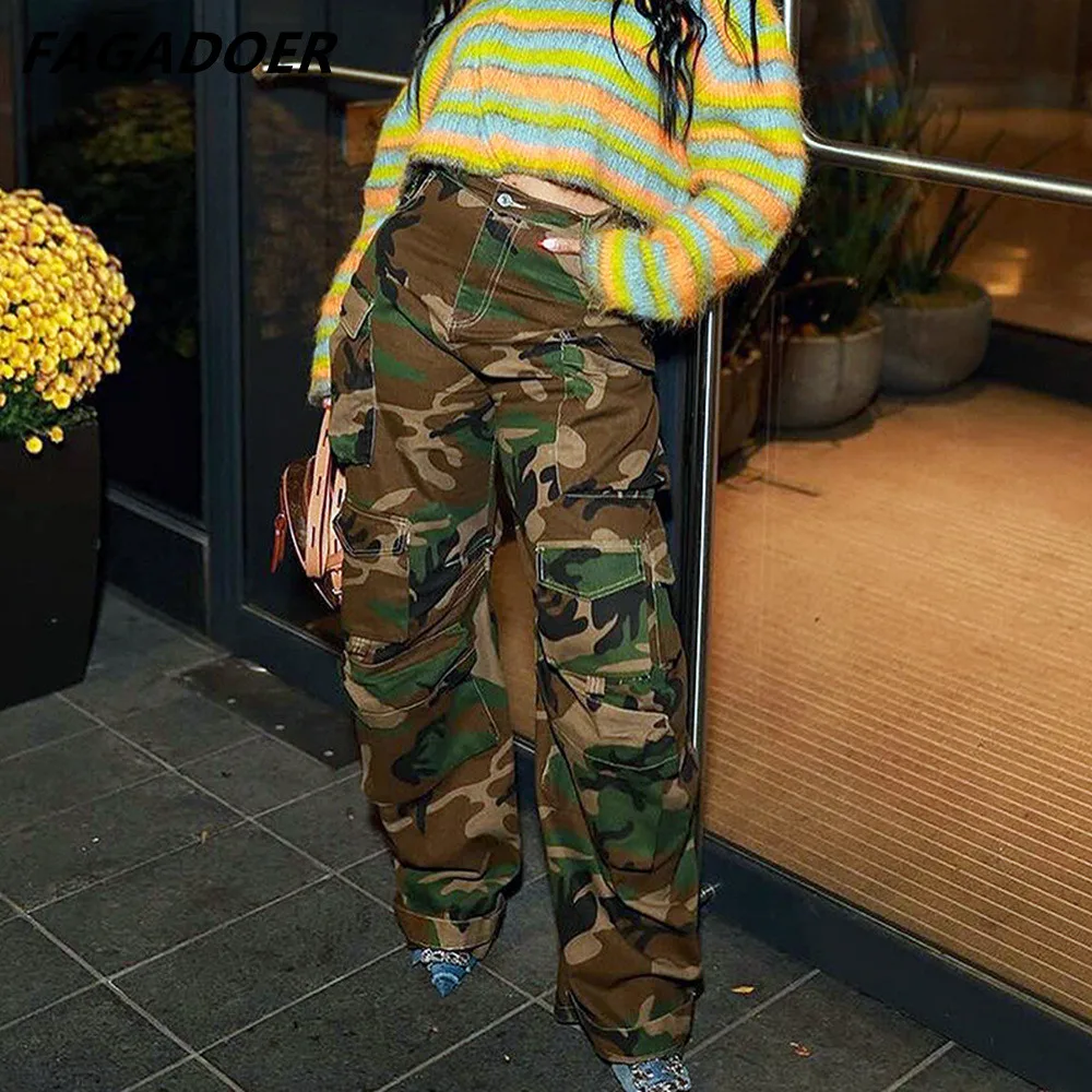 Брюки-карго женские камуфляжные с завышенной талией и пуговицами