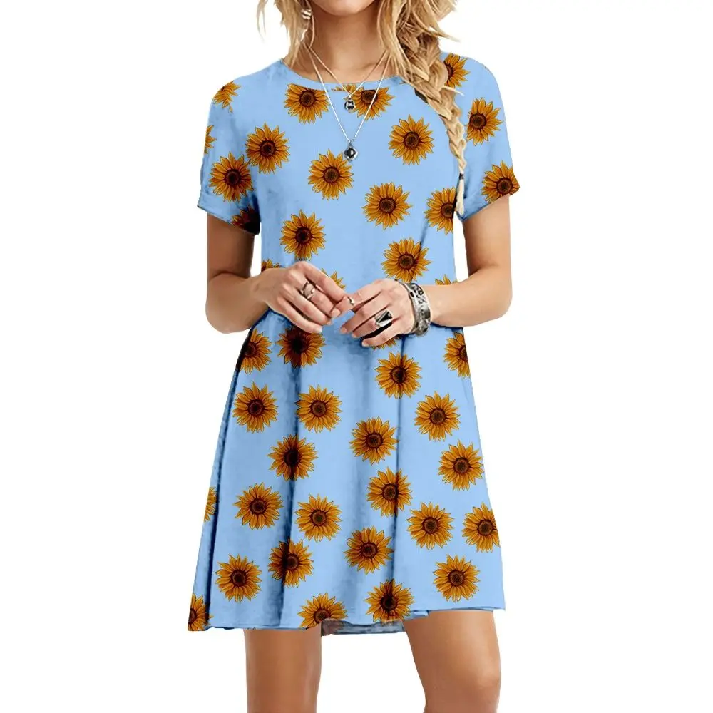 

Fashion Women Dress Elegant Flowers Digital 3D Printing Thin Short Sleeve O Neck 2022 Summer Mini Personalized Ladies Dress