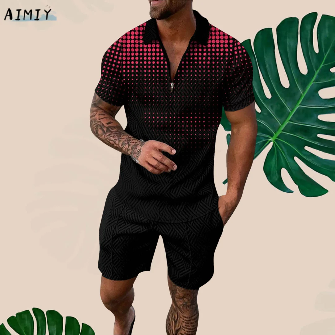 Men's Casual Polo Suit Luxury Printed Lapel Zipper Short Sleeve POLO Shirt + Drawstring Shorts 2-Piece Summer Fashion Party Wear