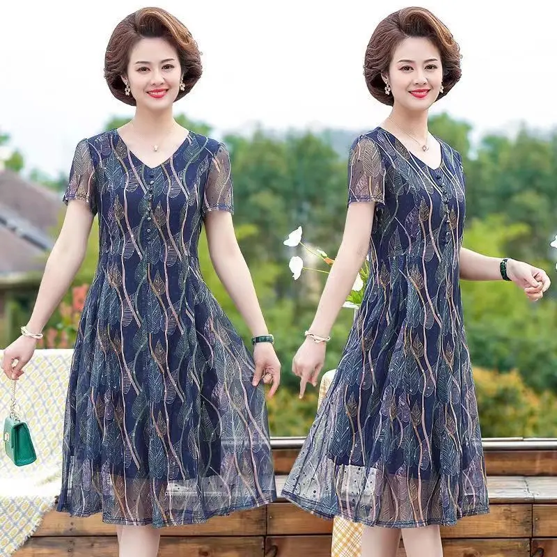 Summer Midi Short Sleeve Dress Women's Clothing  5xl Party Midi Print Dresses for Women Elegant Vintage Robe Femme 2023 E156