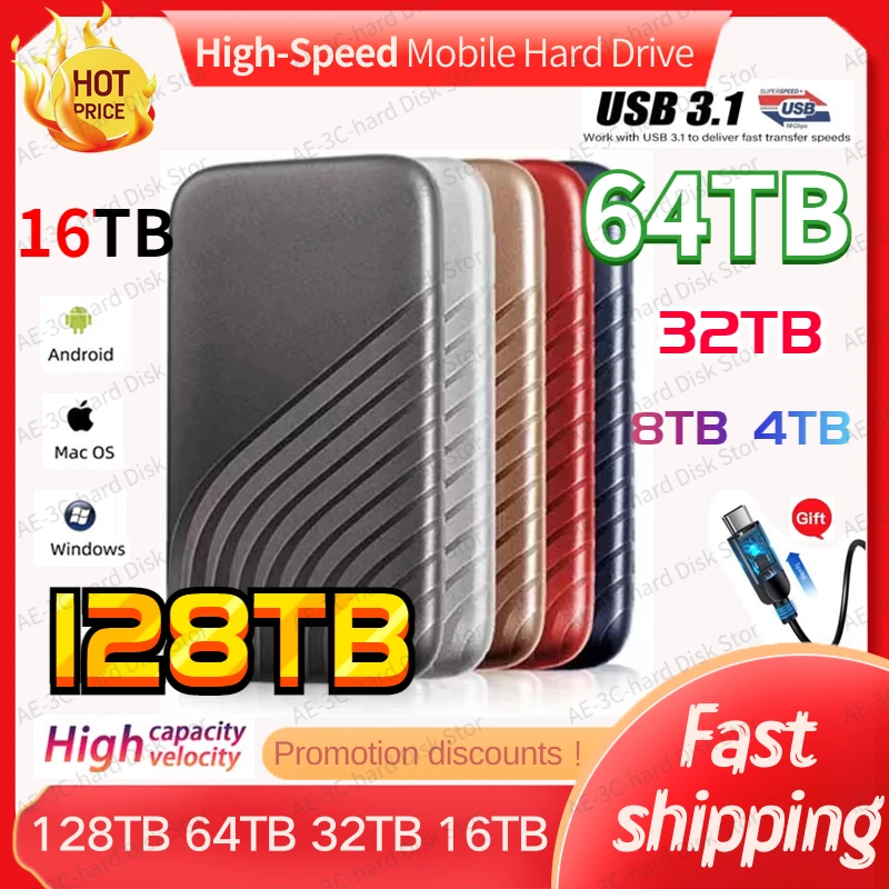 

128TB Portable SSD High-speed Mobile Solid State Drive 64TB 500GB SSD Mobile Hard Drives External Storage Decives for Laptop MAC