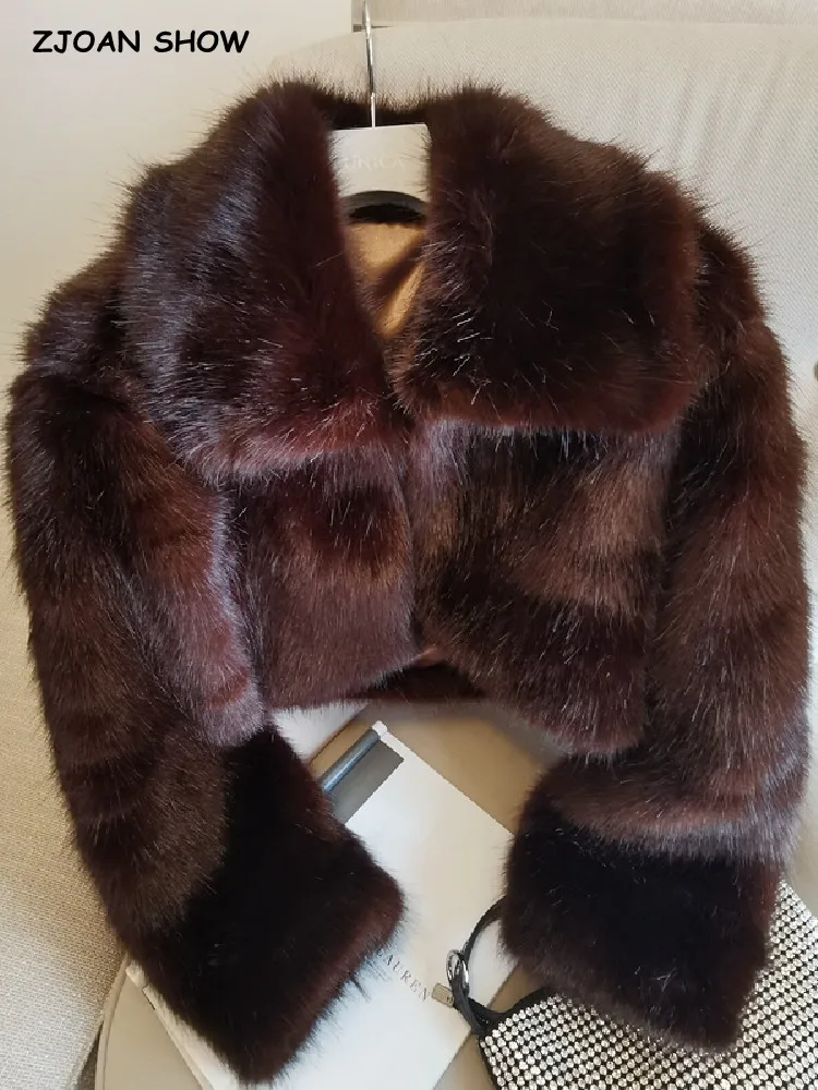 High quality Winter Vintage Brown Large Lapel Fur Coat Full Sleeve Shaggy Faux Fur Cropped Jacket Loose Extra Short Warm Coat