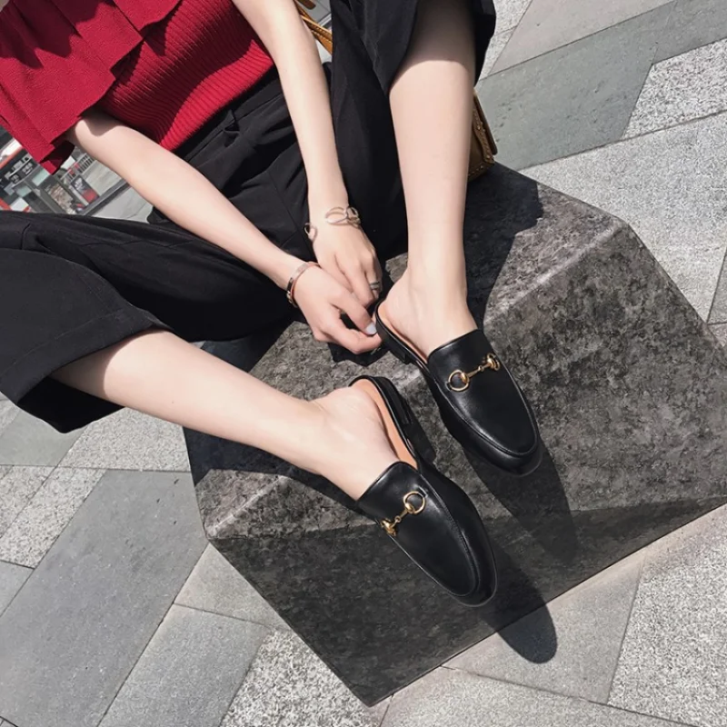 Baotou Half Slippers Female Wearing 2023 New Style of Horse Buckle Leather Sandals Heelless Lazy Shoes Flat Muller Shoes A-8