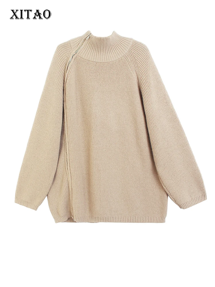 

Женский вязаный кардиган XITAO, однотонный кардиган на молнии с высоким воротником, асимметричный свитер ZY8234