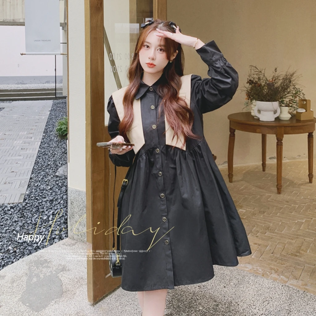 

Женское платье-рубашка с длинным рукавом, повседневное свободное черное платье-рубашка в Корейском стиле с отложным воротником и шалью, весна 2023