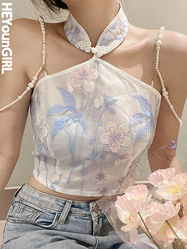 

HEYounGIRL, винтажные женские майки с лямкой через шею, пикантная майка в китайском стиле с бусинами и открытой спиной, Y2K, модная женская кофта, Э...