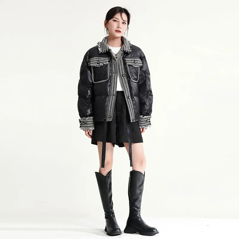 2022 Winter New Women's Trend Splicing Tweed Letter Chapter Down Jacket Collision Color Warm Down Jacket