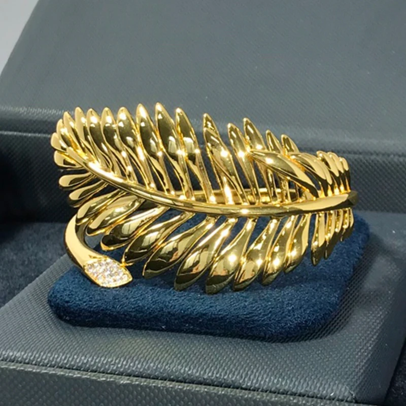 

Amoo Golden Tree Leaf Shaped Open Bracelet S925 Sterling Silver Bangle Women Girls Personalized Tropical Plant Holiday Jewelry