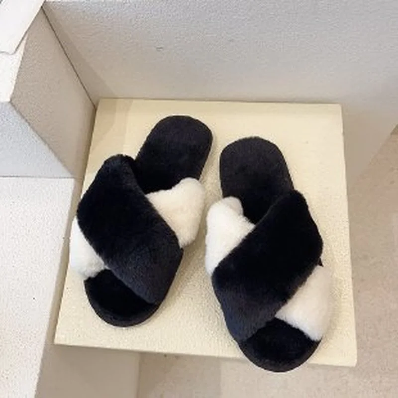 

2021 Women's Flip Flops Winter Women House Slippers Fashion Shoes Woman Slip on Flats Female Slides Furry Slippers