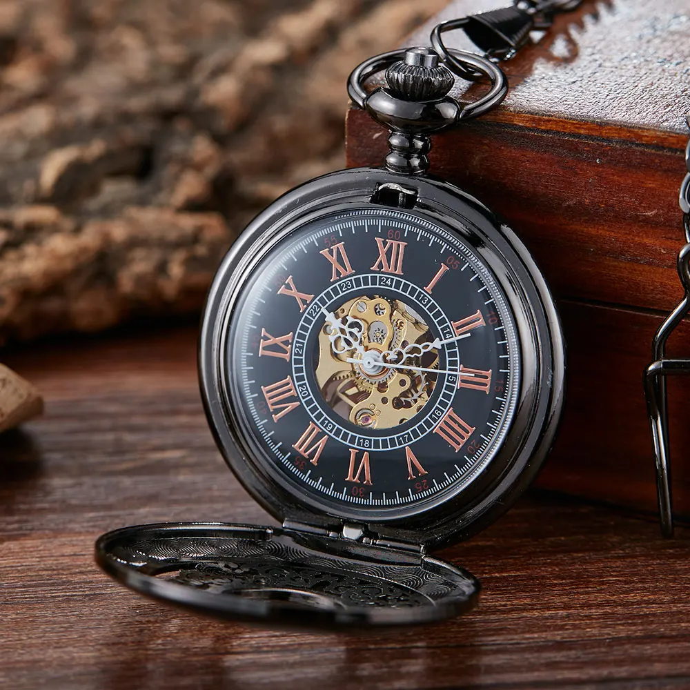 Black Hollow Flowers Smooth Mechanical Pocket Watch Men Skeleton Steampuk Hand Wind Pendant Clock Chain With Arabic Numerals