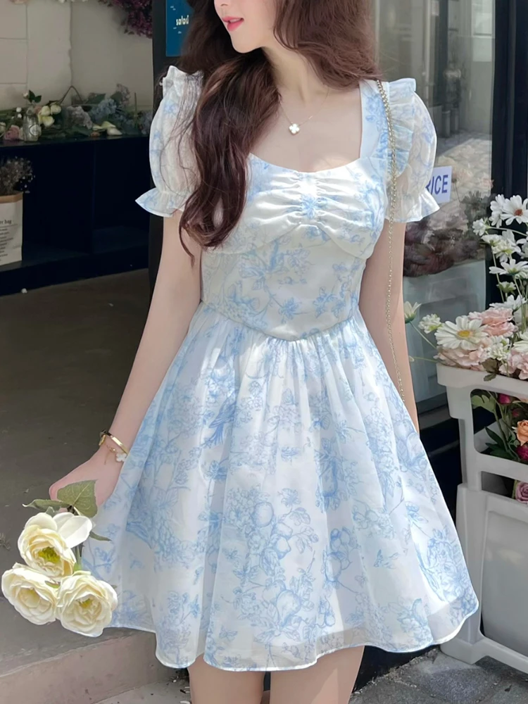 

France Floral Sweet Dress Women Summer Bandage Print Mini Dress Female High Waist Bow Korean Fashion Elegant Dress Casual 2022