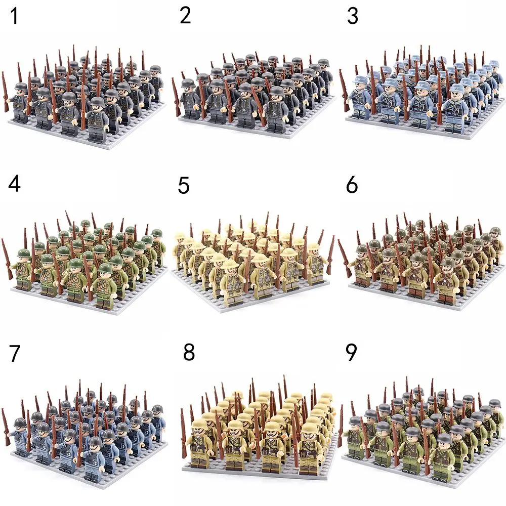 Набор игрушек WW2 Military Playset Building Blocks Soldier Array Soviet US UK China Figures Base Plate And Accessories - 24 штуки.