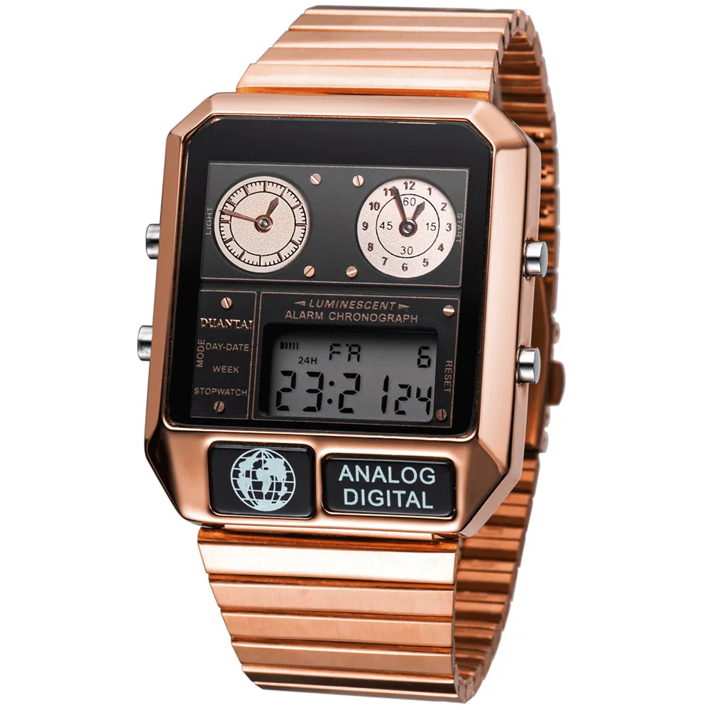 

DUANTAI Mens Luxury Fashion Full Steel Square Watch Dual Synchronous&10-Bit LED Digital Watch Men Sport Watch часы мужские