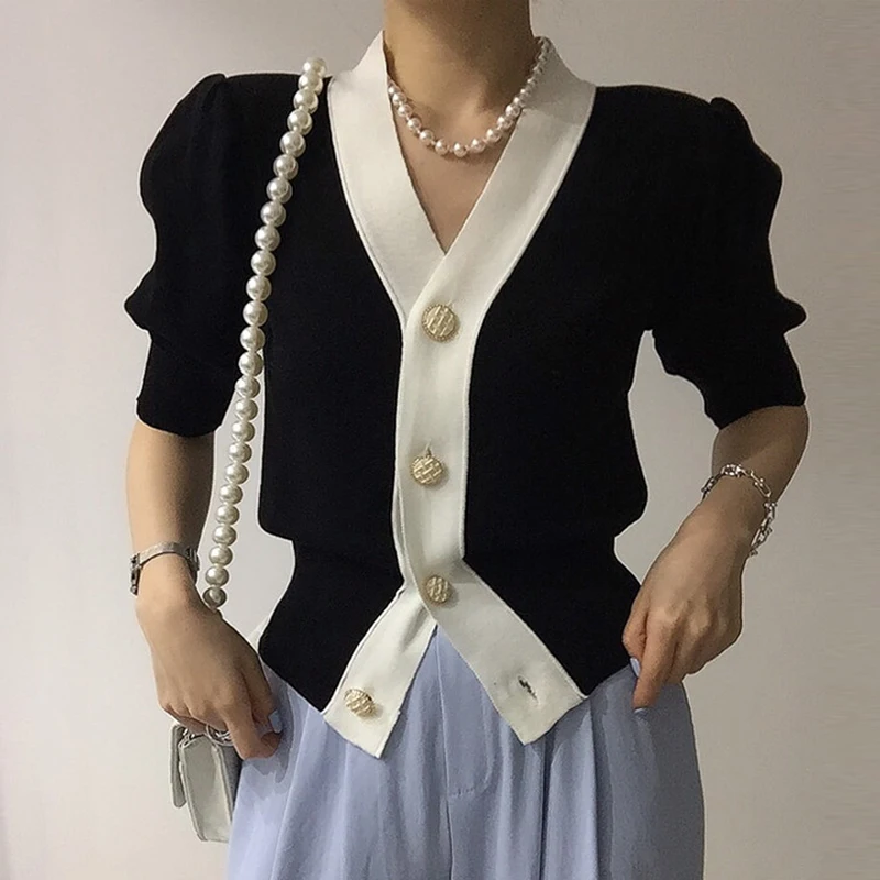 

2023 Korean Fashion Ice Silk Knitwear Shirt Women V Neck Puff Short Sleeve Summer Coat Blouse Knitted Cardigan Elegant Top 28449