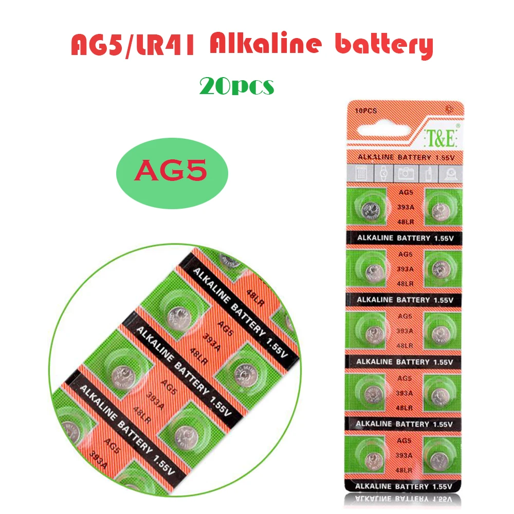 

20PCS AG5 60mAh AG 5 1.55V Alkaline Button Battery LR754 393A 393 SR754 48LR G5A 193 Cell Coin Batteries For Watch Toys Remote