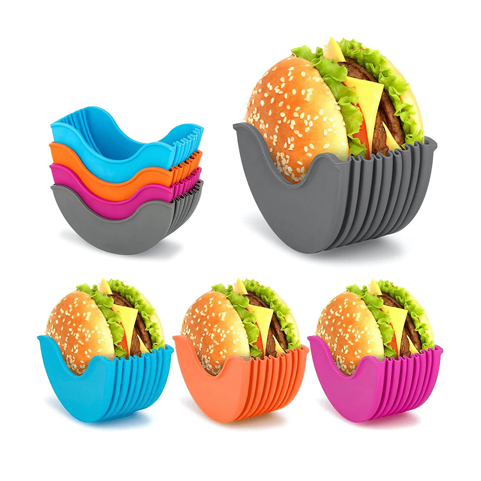 

4pcs/set Burger Holders Reusable Silica Gel Fixed Box For Sandwich Buns Donuts Hamburger Bun Shell BPA-Free Kitchen Tools