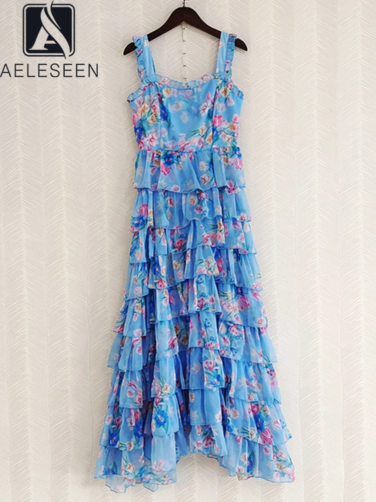 

Женское многослойное платье AELESEEN, синее платье с цветочным принтом и Каскадными рюшами на тонких бретельках с открытой спиной, вечерние пра...