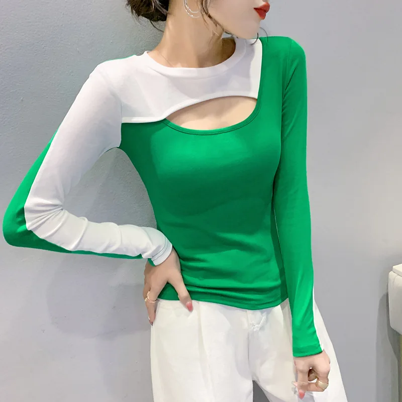 

Korean Version 2022 Spring New Color-blocking Hollow Round Neck Long-sleeved T-shirt Women's Fashion Slim Bottoming Shirt