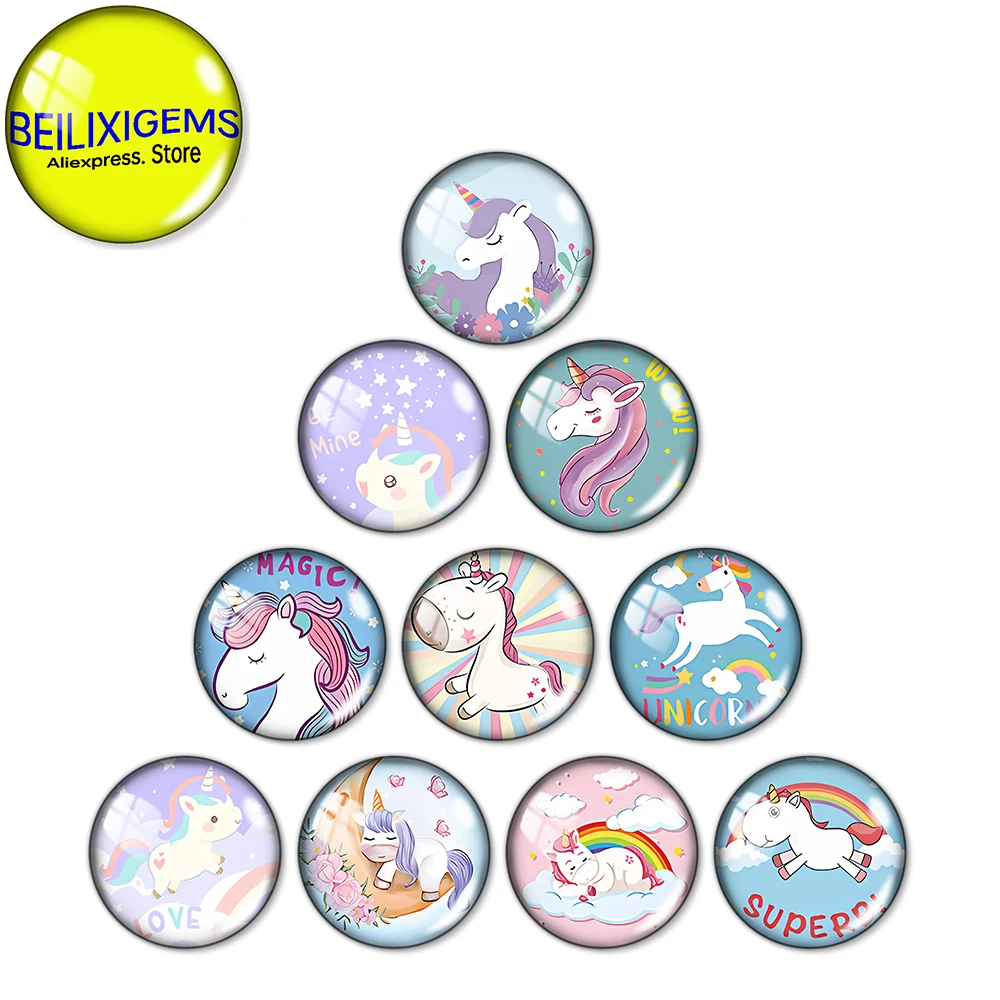 

10 Pcs Cute Cartoon Unicorn Rainbow Art PaintingS 12mm/18mm/20mm/25mm Round Glass Cabochons Demo Flat Back Making Findings