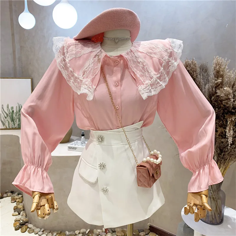 

Niche Design New Women's Clothing 2022 Spring Doll Collar Black Shirt Vintage Long Sleeve Tops