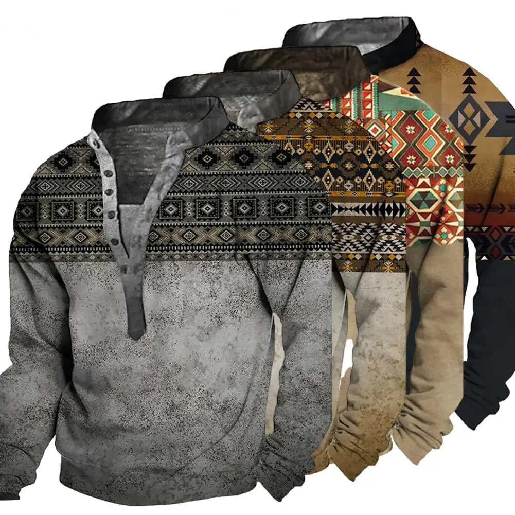 

Рубашка мужская с геометрическим принтом, мягкий дышащий пуловер с V-образным вырезом и воротником-стойкой, на пуговицах, в винтажном стиле, ...