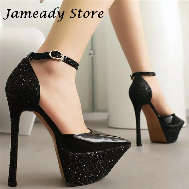 

Patent Leather Solid Sandals for Women Buckle Strap Platform Party Pumps Thin Heel Pointed Toe Bling 15Cm Super High Heel Shoes
