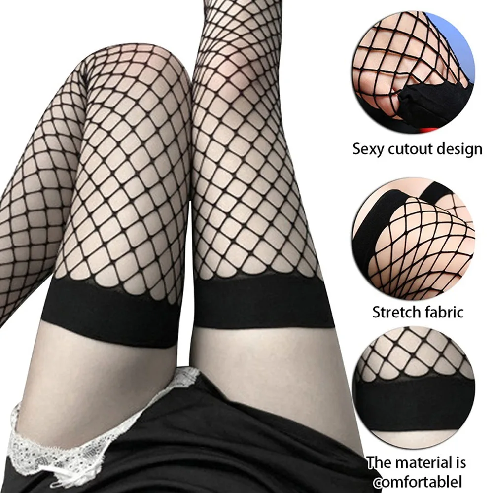 10sets Women's Fishnet Thigh High Stockings Over The Knee Socks Black Large Grid Fishnet Thigh Highs for Women and Girls