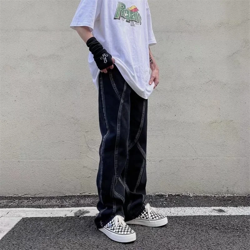 Black Baggy Jeans Men Fashion Retro Casual Wide Leg Jeans Mens Japanese Streetwear Loose Hip Hop Straight Denim Pants Men S-3XL