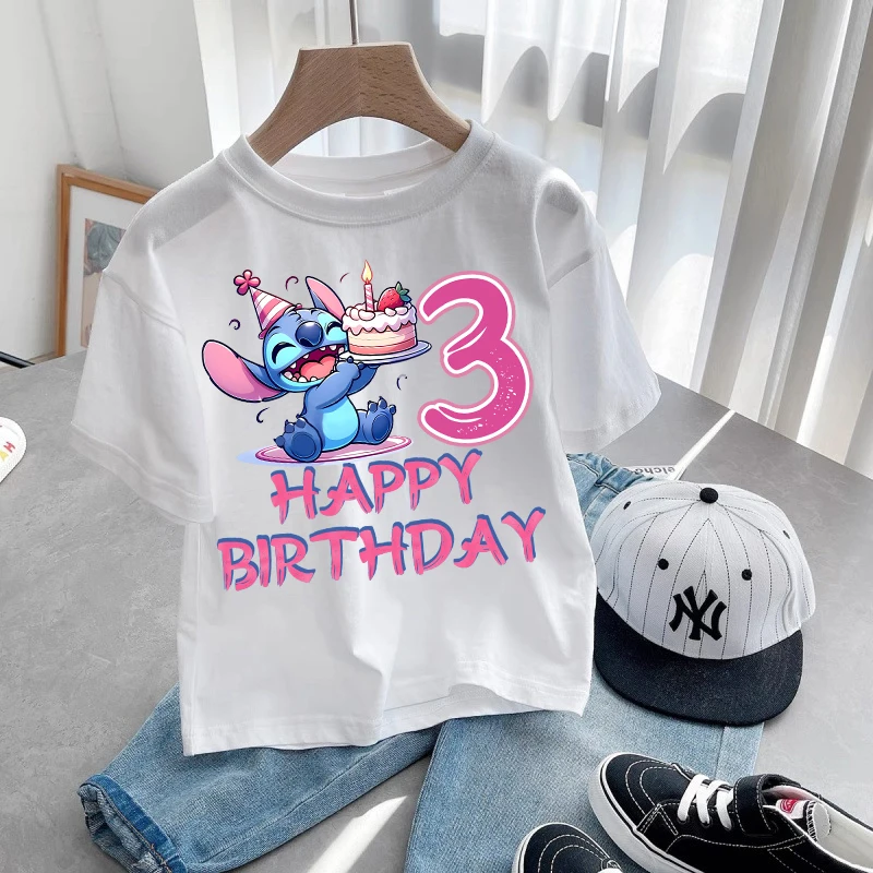 Фото Disney Stitch Number 1-10 T-shirts for Children Anime Cartoon Cute Short Sleeved Shirt Boys Girls Birthday Clothing Kids Clothes №1