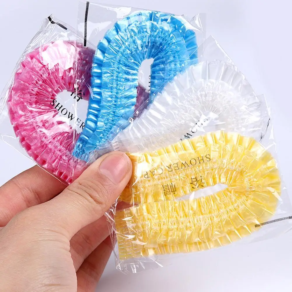 

100 Pcs Disposable Shower Cap Plastic Waterproof Headgear Barbershop Hotel Beauty Salon Hair Dye Shower Cap Transparent