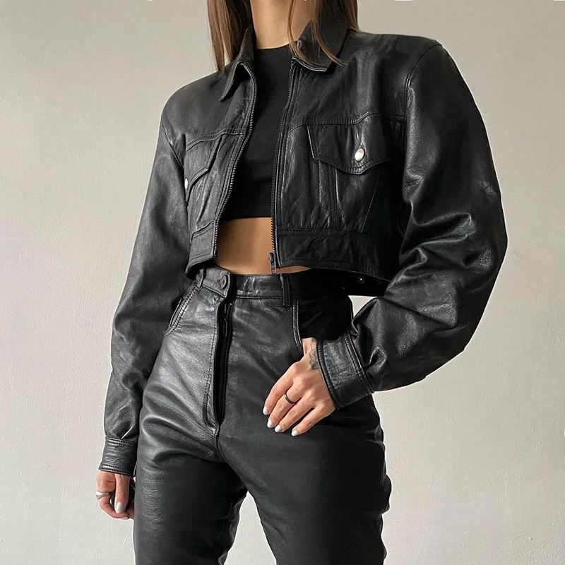 

Gaono y2k Black Punk Leather Jackets Cropped Biker Moto Vintage Fashion Streetwear Coat Women Vintage Pockets Outwear 90s