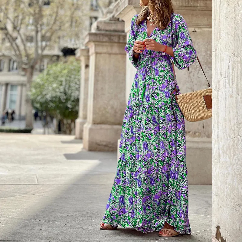 

2023 Spring Bohemian Women's Long Dress V-neck Elastic Waist Dresses Female Summer Loose Casual Beach Holiday Ladies Clothes