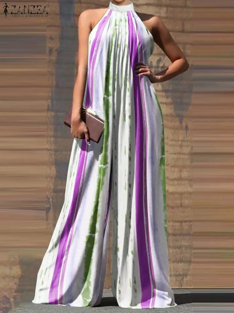 

2022 Fashion OL Button Up Jumpsuits Summer Sleeveless Loose Overalls Playsuits Women Elegant Striped Printed Rompers Oversized