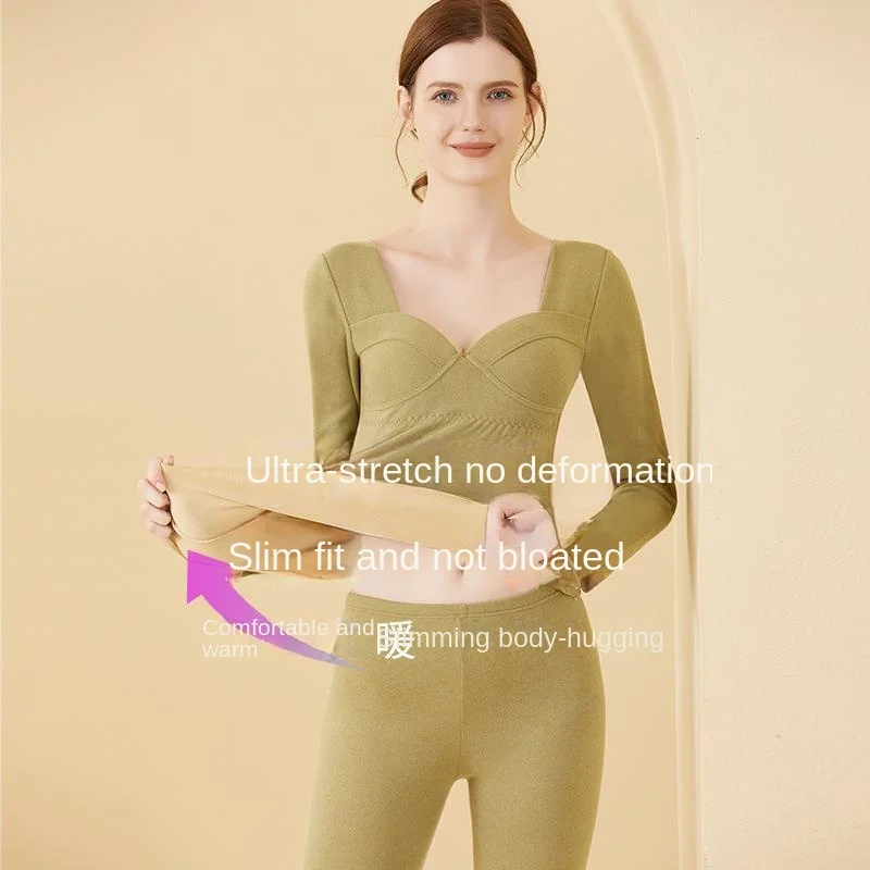 Women's Thermal Underwear Plush Thickened Seamless Autumn Winter bra-in Clothes Velvet Set
